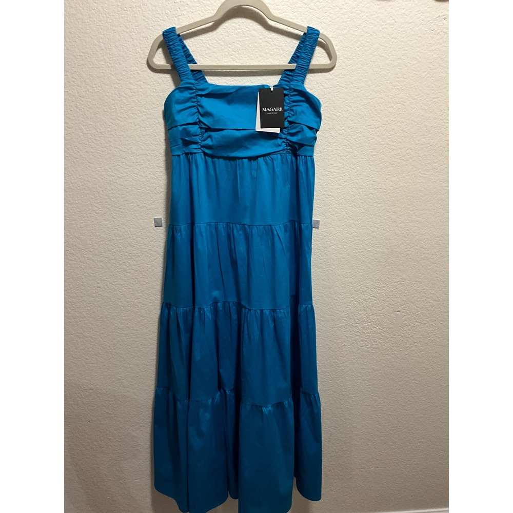 MAGARI Teal Blue Tiered Dress Spaghetti Strap Ruched Bust Made in Italy Size L‎